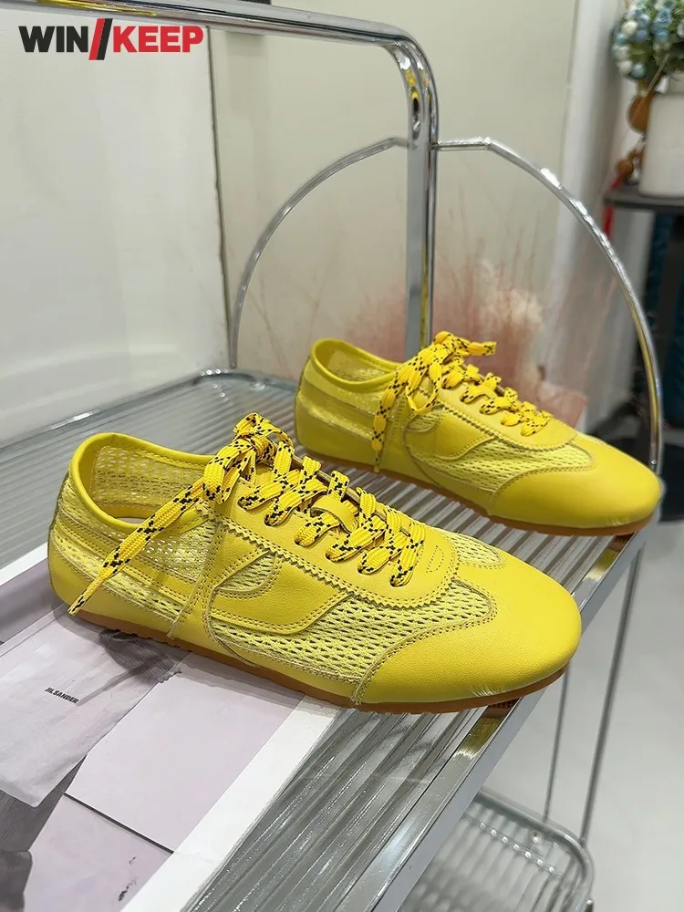 

2025 New Retro Women Breathable Round Toe Suede Leather Mesh Outdoor Running Shoes Lace Up Low Cut Jogging Sneakers Gym Fitness