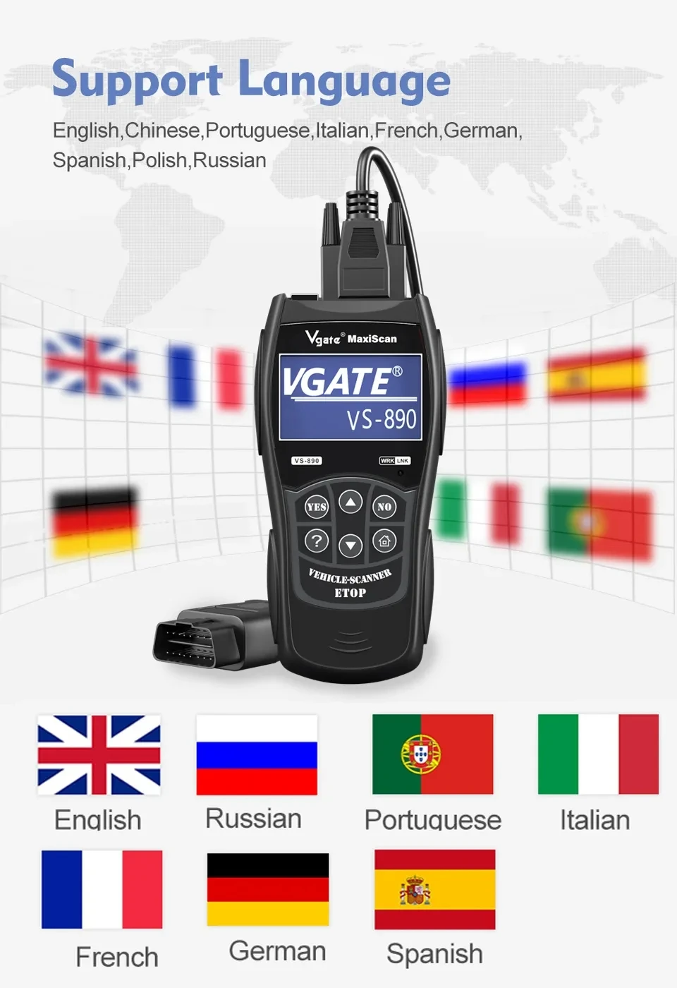 Vgate-VS890 SLilTool VS 2023 Scanner de diagnostic OBD2, multilingue, lecteur de code de voiture, multilingue, BUS, Vervoltage, 890 plus récent, 890