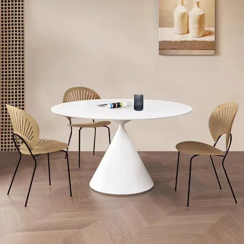 

l # French cream Small waist design metal table leg rock plate desktop big round table family dining table