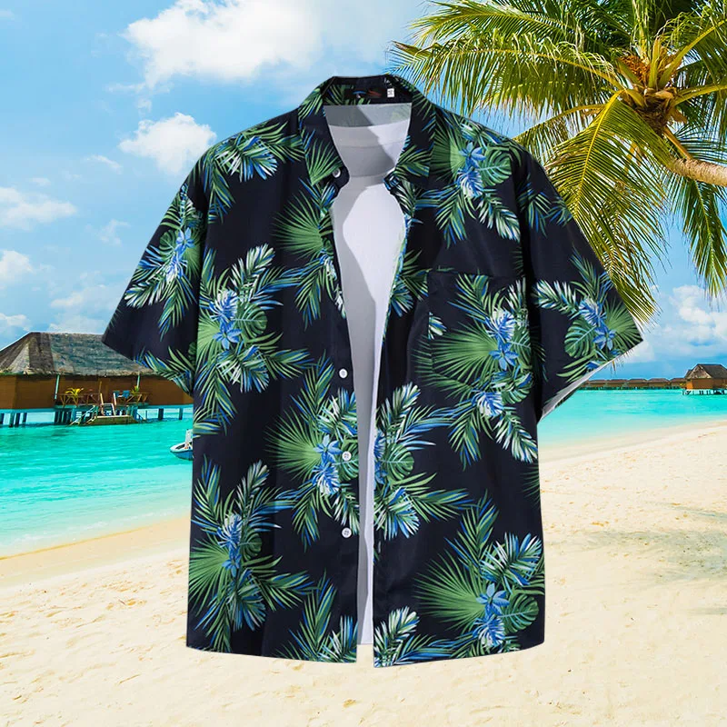 Summer Short Sleeve Flower Shirt Men\'s Loose Beach Shirt Hawaiian Retro Handsome Casual Thin Shirts Island Style T-Shirt