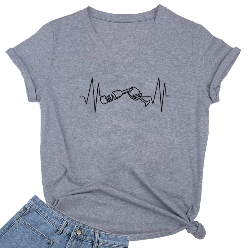 Women V Neck Tshirt Wine Heartbeat Graphic Tee Shirt Womens Wine Lovers Top Funny Wine Summer T-shirt Women Oversized T Shirt