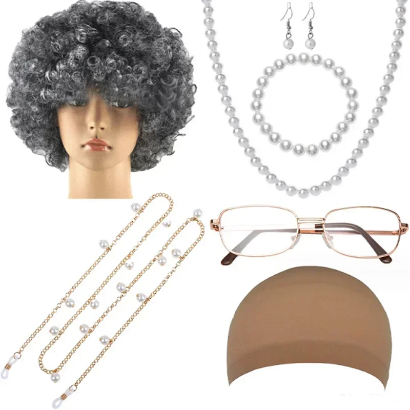 Costume Props for The Old 80s Cosplay Grandma Wig Necklace Sunglass Set for Bar KTV Performance Party Accessories