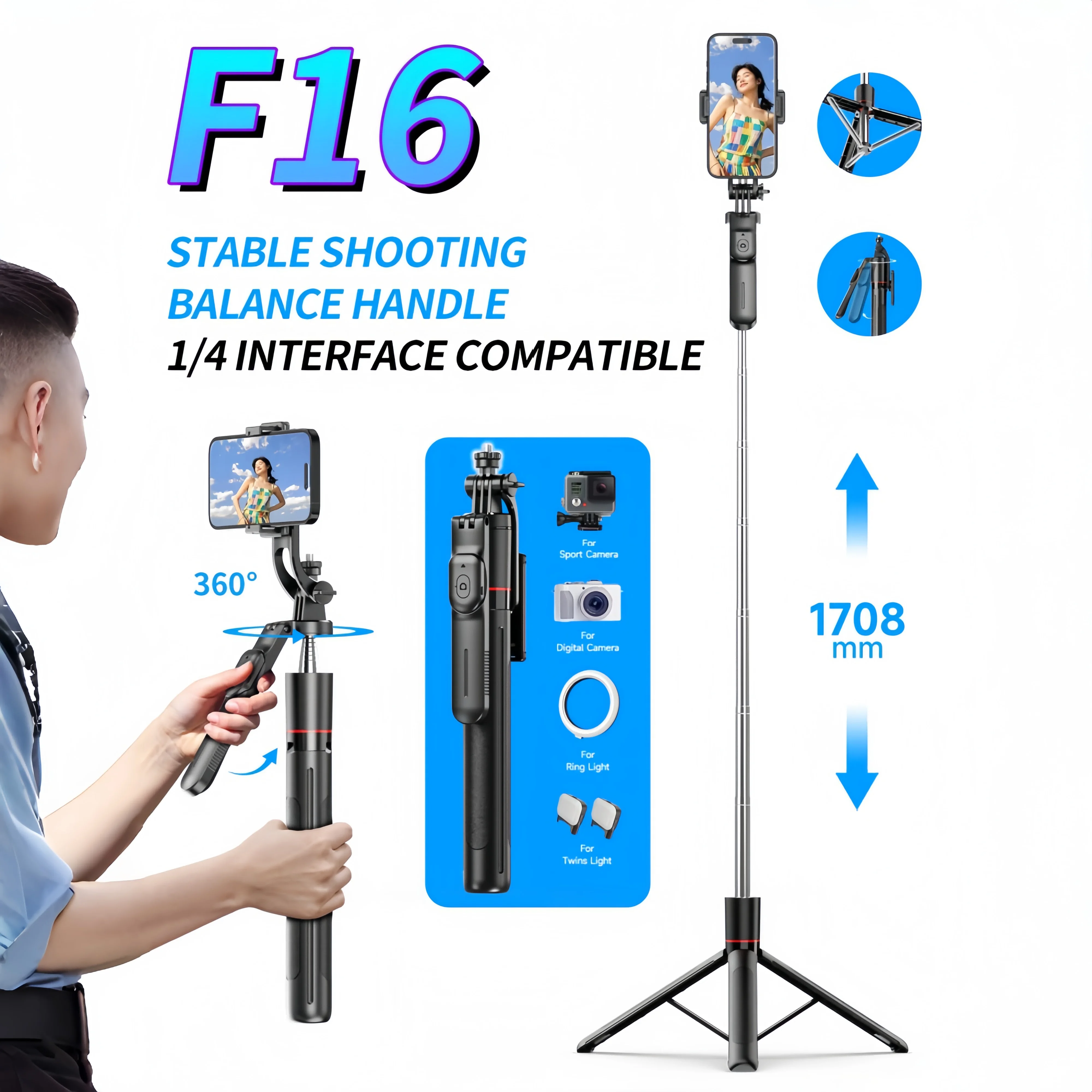 Palo selfie WIFIT F16 con trípode ajustable, 360 ° Disparo, soporte para teléfono desmontable, Bluetooth, telescópico de 1,7 m, Android/iOS
