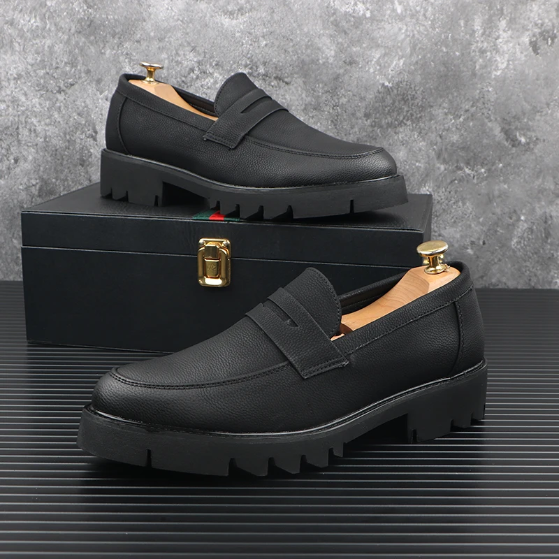 men casual genuine leather shoes slip-on driving shoe business wedding formal dress black trendy platform loafers mans footwear