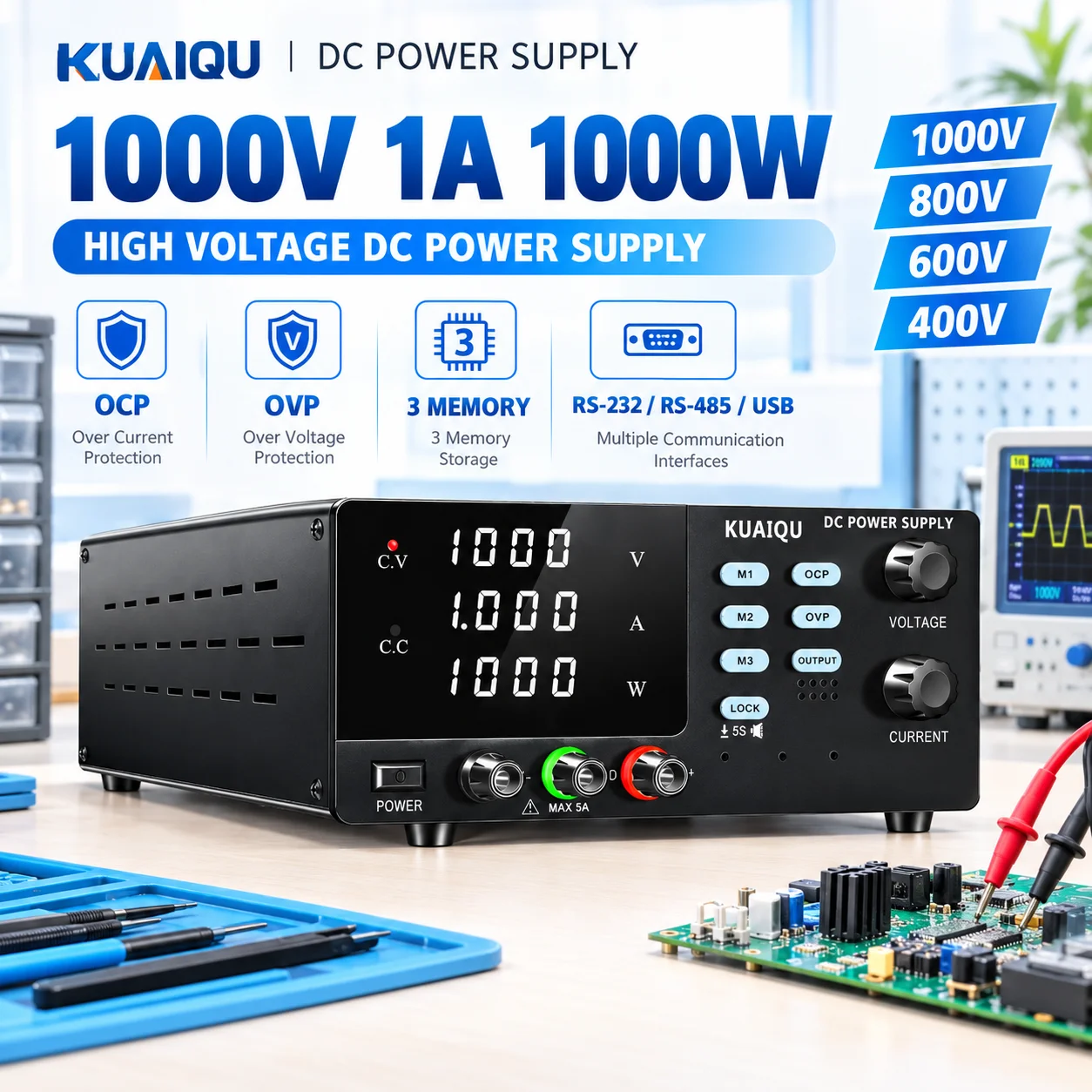 KUAIQU 1000V 1A 1000W High Voltage DC Power Supply 400V/600V/800V OCP/OVP RS232/RS485/USB 3 Memory Adjustable Bench PSU Lab Test