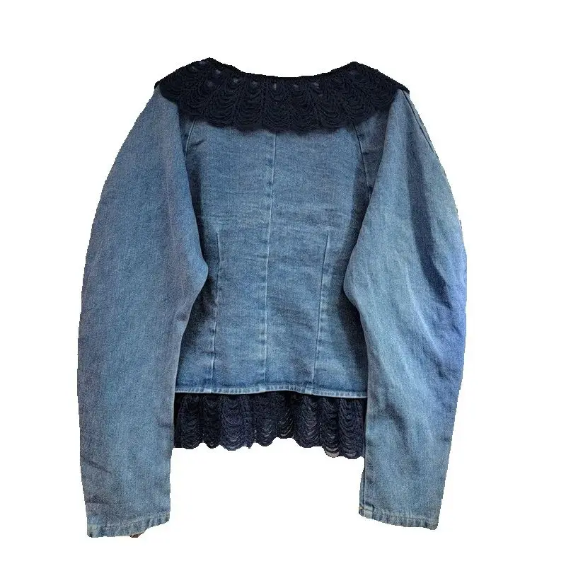 

Новинка весны 202, короткая джинсовая куртка, женская модная кружевная куртка с круглым вырезом и пышными рукавами, джинсовое пальто, женская свободная верхняя одежда Tide T1176