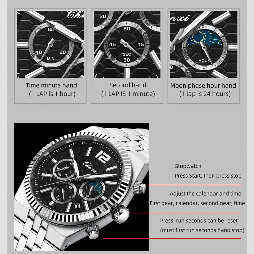 CHENXI ساعات رجالية أصلية للأعمال الرياضية كرونوغراف التقويم رمز الوقت ساعة سوار فولاذي ماركة فاخرة كوارتز ساعة رجالية #3