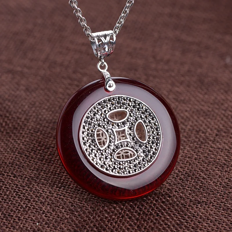 

FNJ Round Red Zircon Pendant 925 Silver Original Pure S925 Sterling Silver Pendants for Jewelry Making Women Yellow Chalcedony