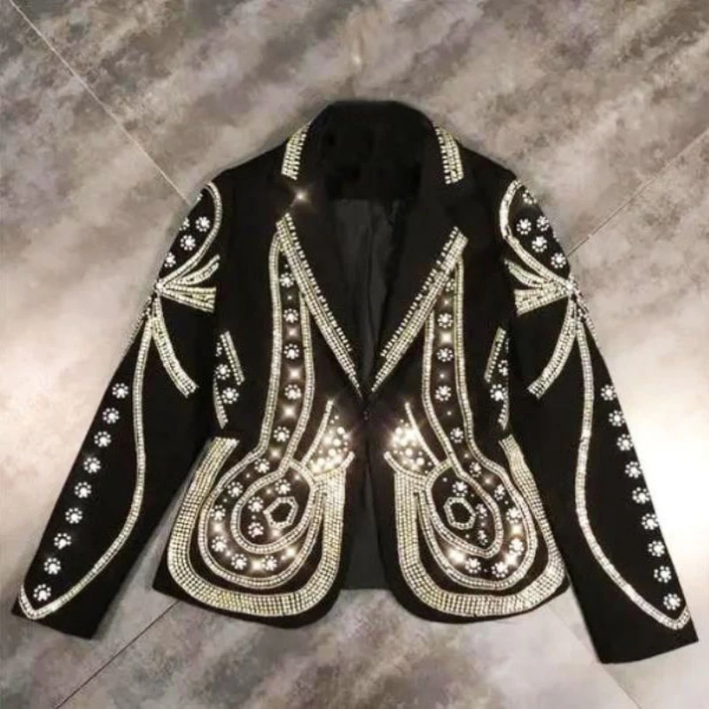 Fashion Slim High-end Long-sleeved Suit Rhinestone Jacket Female Personality Suit Jackets Y2K Vintage Top Womens Clothing Goth