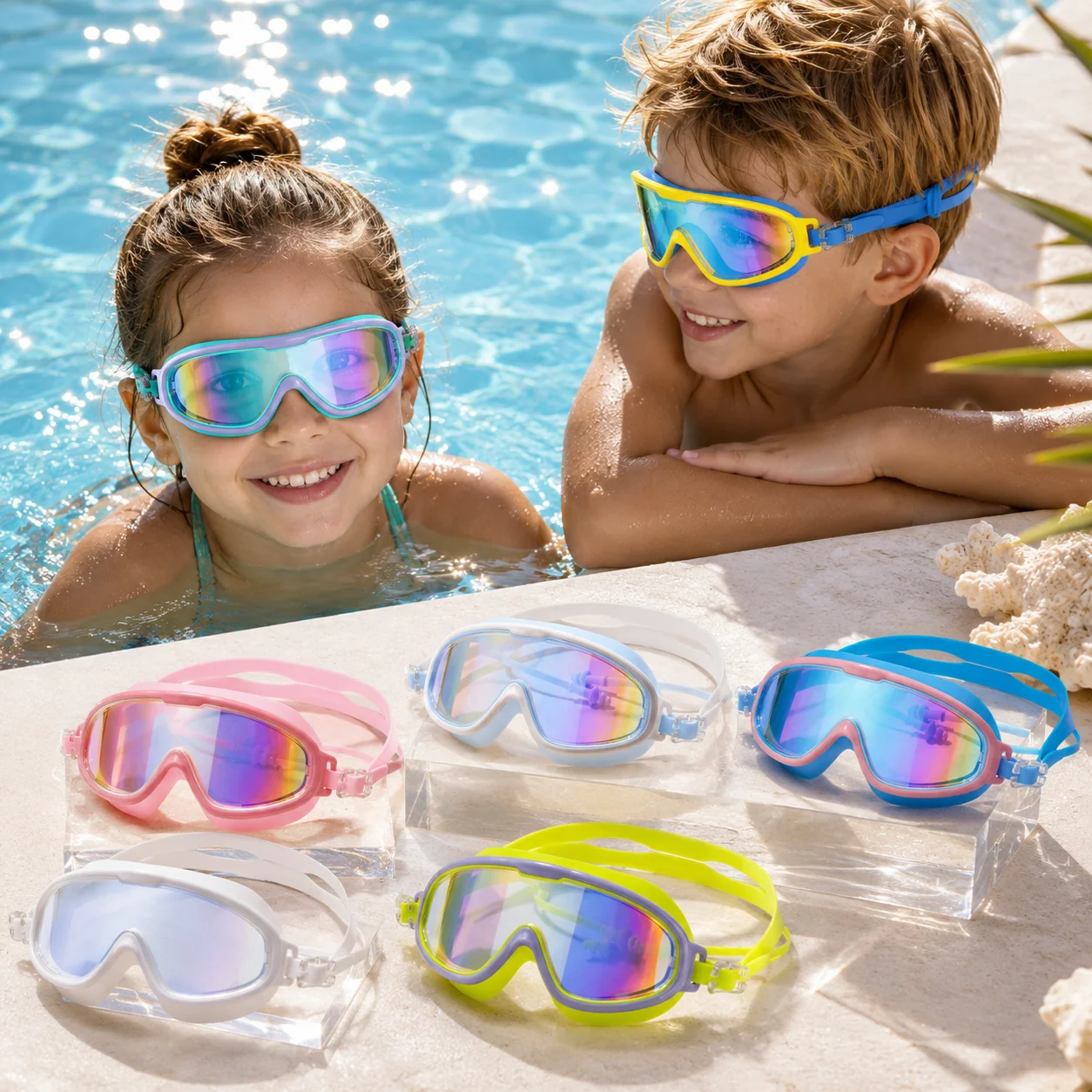 1PC Waterproof Mirror Swimming Goggles, Anti Fog UV Protection Diving Mask with Attached Ear Plugs