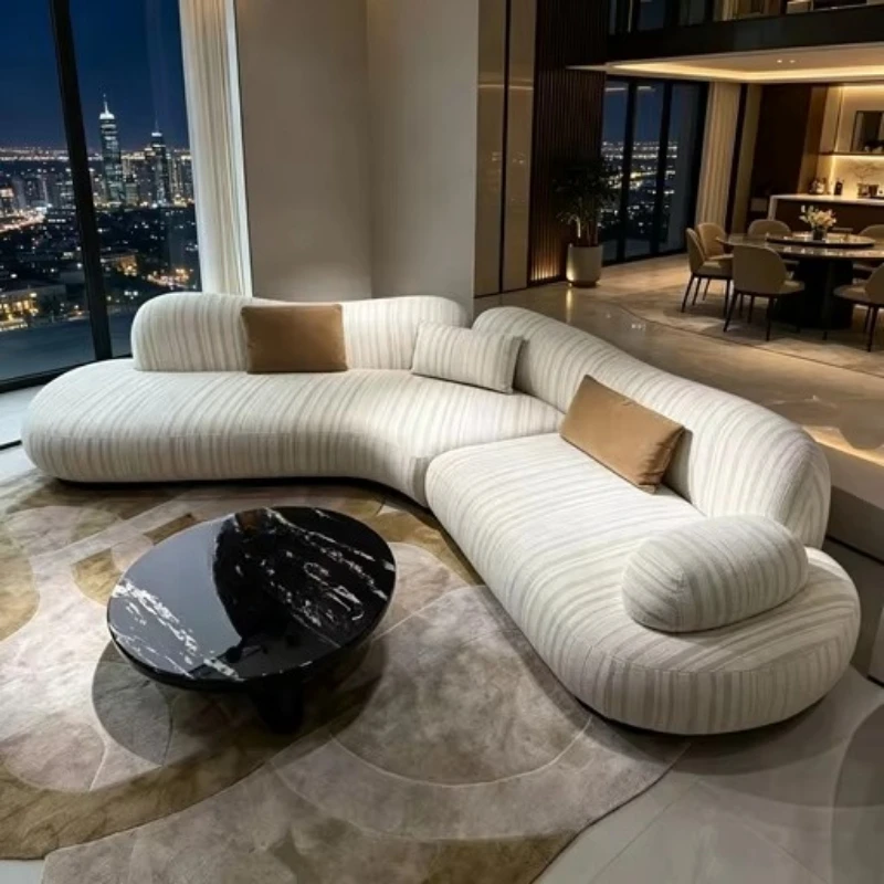 Sofa Set Beige Striped Fabric Curved Sectional Modular Design Waterproof Eco-Friendly for Modern Home Decor
