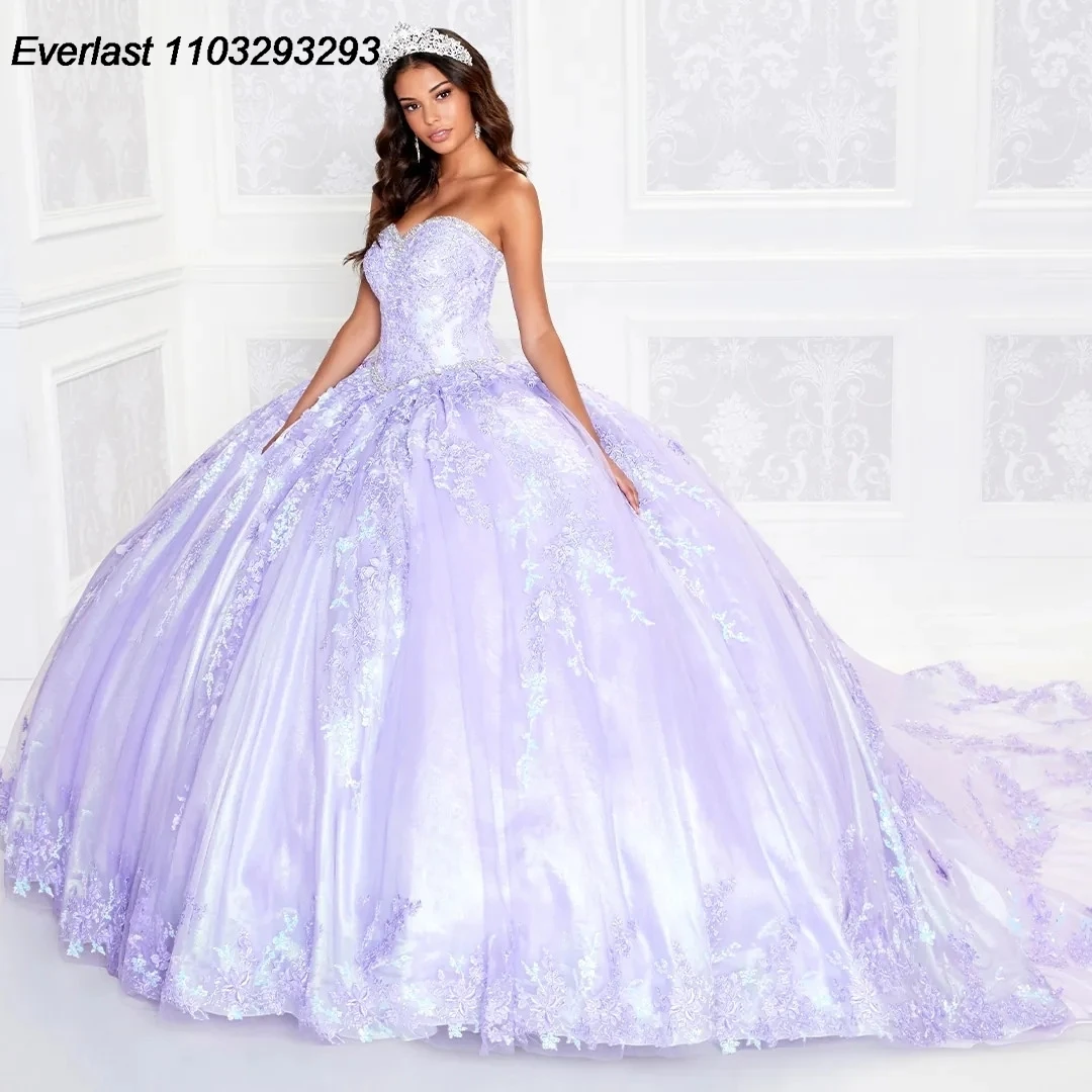 EVLAST Lavender Quinceanera Dress Ball Gown Lace Applique Beading With Jacket Mexico Corset Sweet 16 Vestido De 15 Anos TQD333