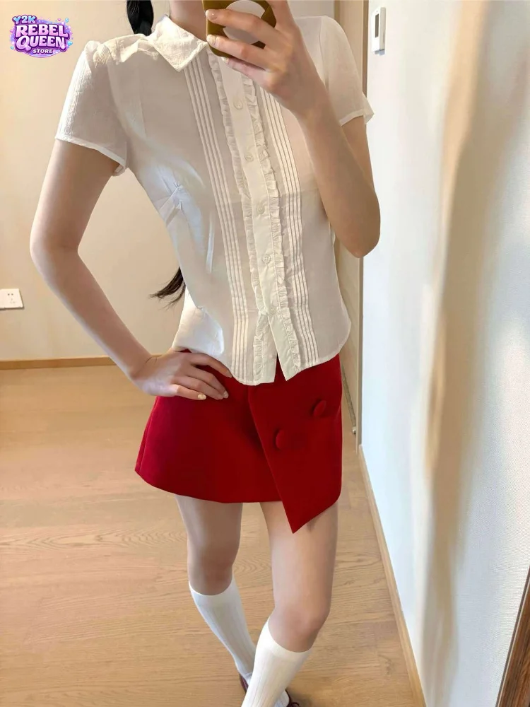 

Korean Sweet Retro 2 Piece Set Women Ruffle Trim Short Sleeve Blouse + High Waist Mini Skirt Summer Elegant Slim Chic Outfits