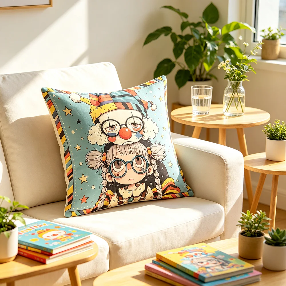 1PC Throw Pillow Cover,Cute Clown Girl Print,Kawaii Cartoon Style,For Sofa Bedroom Couch Home Decor