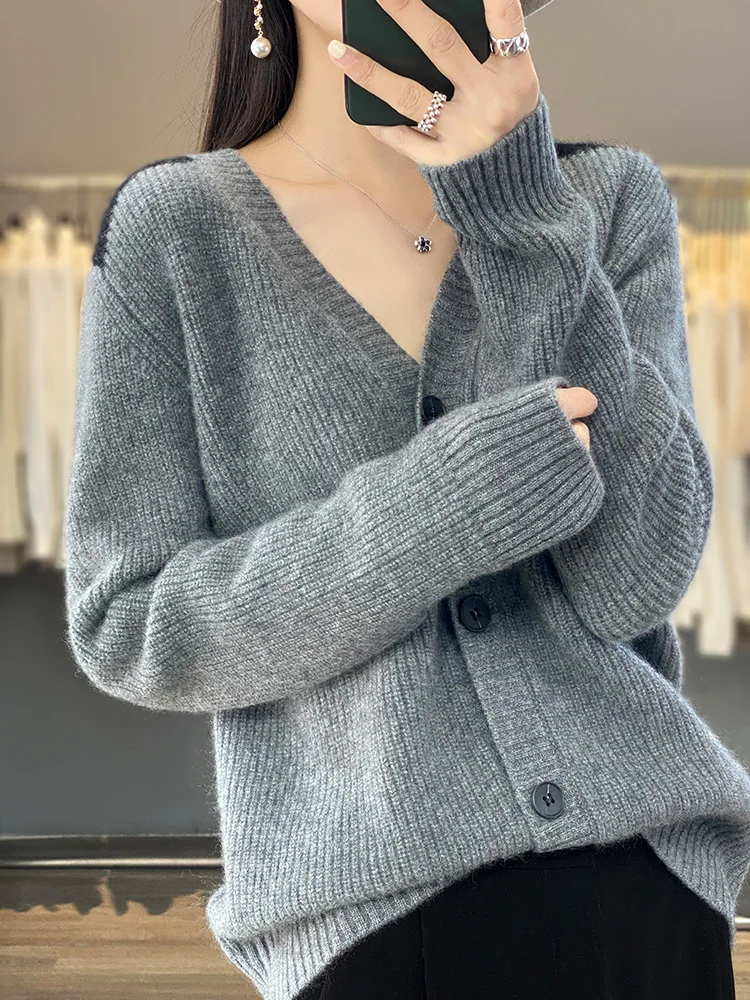 

Aliselect 100%Merino Wool Cardigan V-Neck Long Sleeve High Quality Cashmere Knitwears Autumn Winter Women's Sweater Vintage Tops