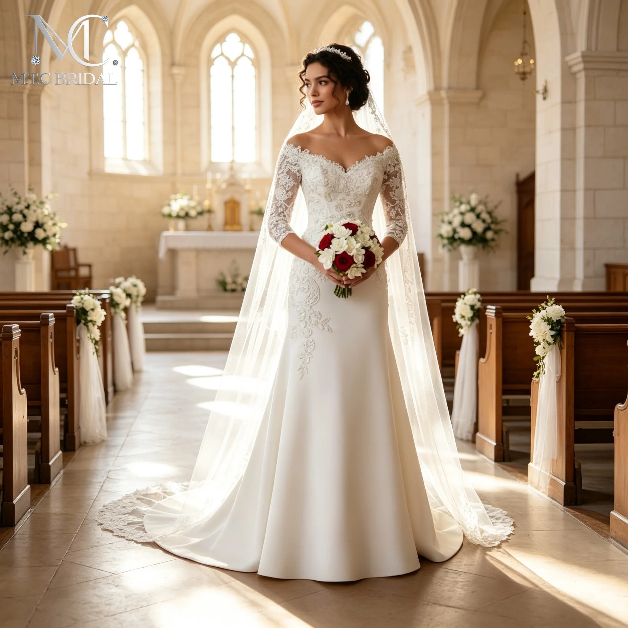Vintage Lace Sleeve Satin Mermaid Wedding Dress Off‑Shoulder Lace‑Up Back Cathedral Train Bridal Gown Customize Vestido De Noiva
