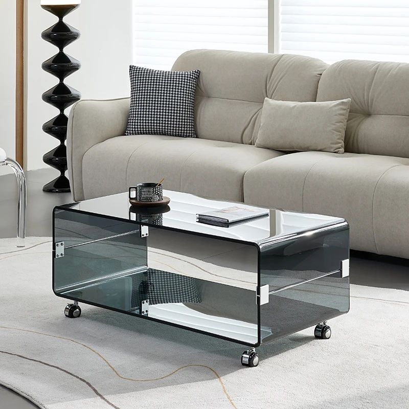 Glass coffee table, modern, simple, transparent rectangular living room, tea table, household mobile function table combination