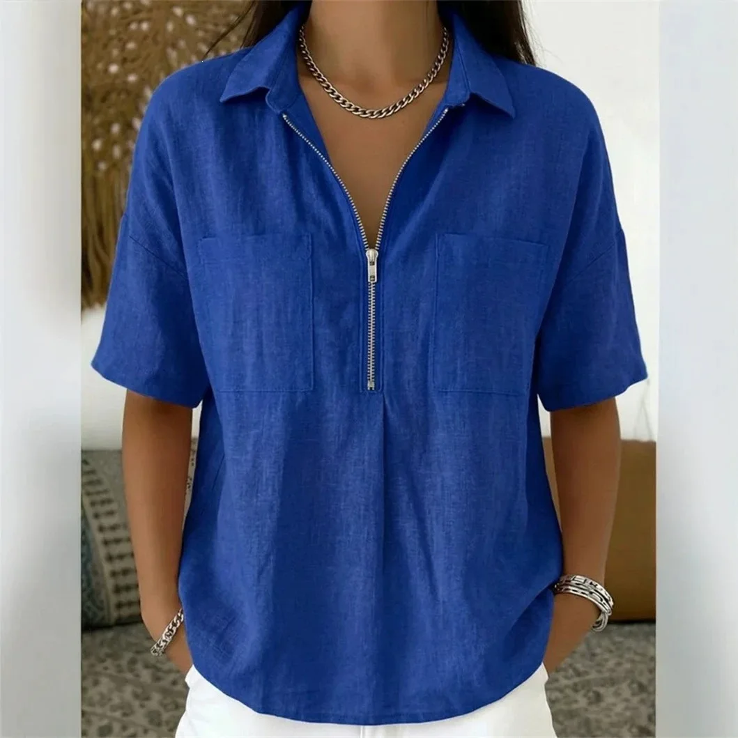 26 Summer European and American New Loose Stand-Up Collar Short-Sleeve V-Neck Zipper Solid Color Casual T-Shirt