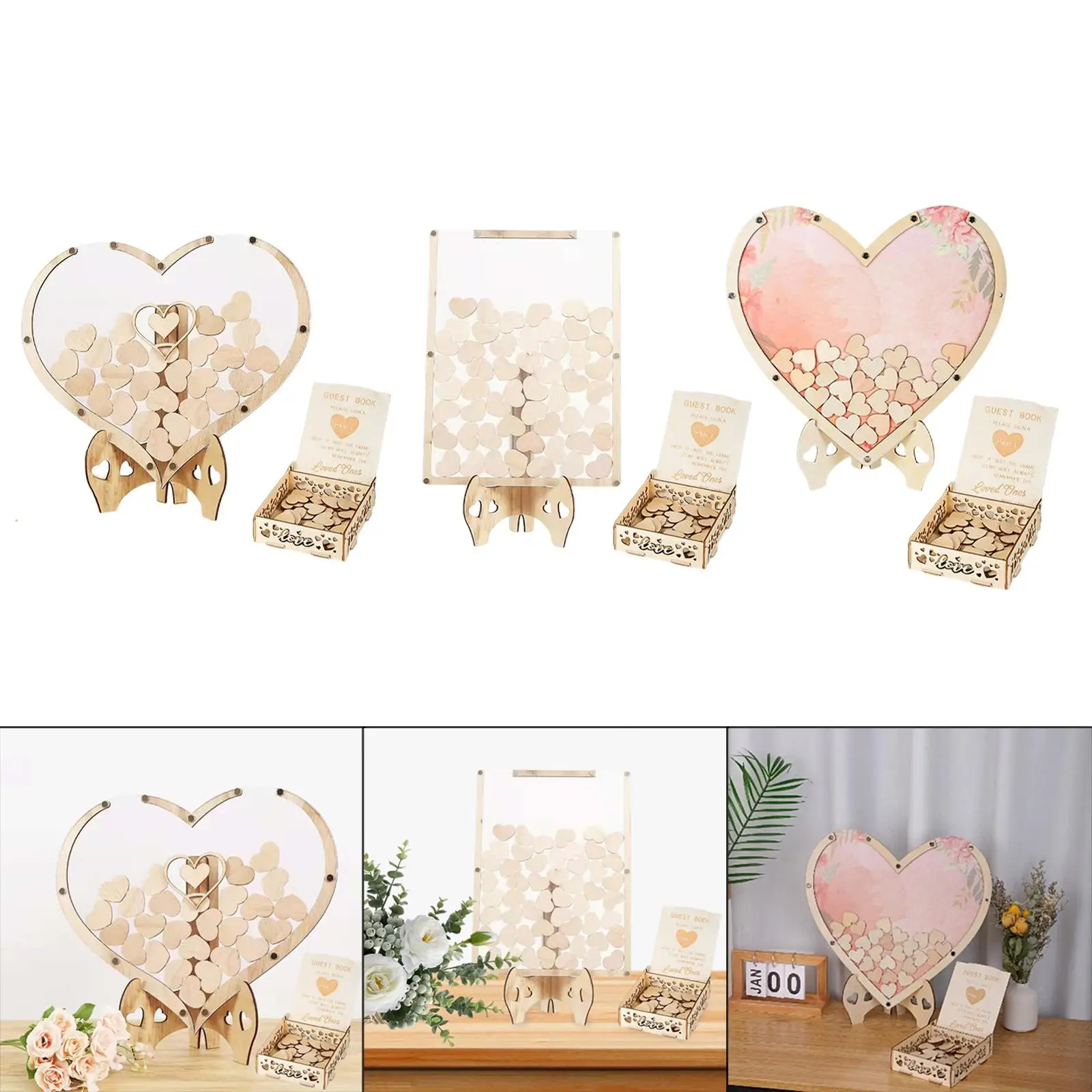 Wedding Guest Book Replacement with 80 Wood Sign Hearts for Birthday Party