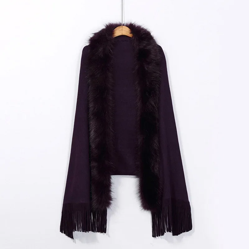 

Autumn Winter Imitation Wool Collar Knitting Shawl Imitation Cardigan Shawl Poncho Fashionable Upscale Capes Purple Cloaks