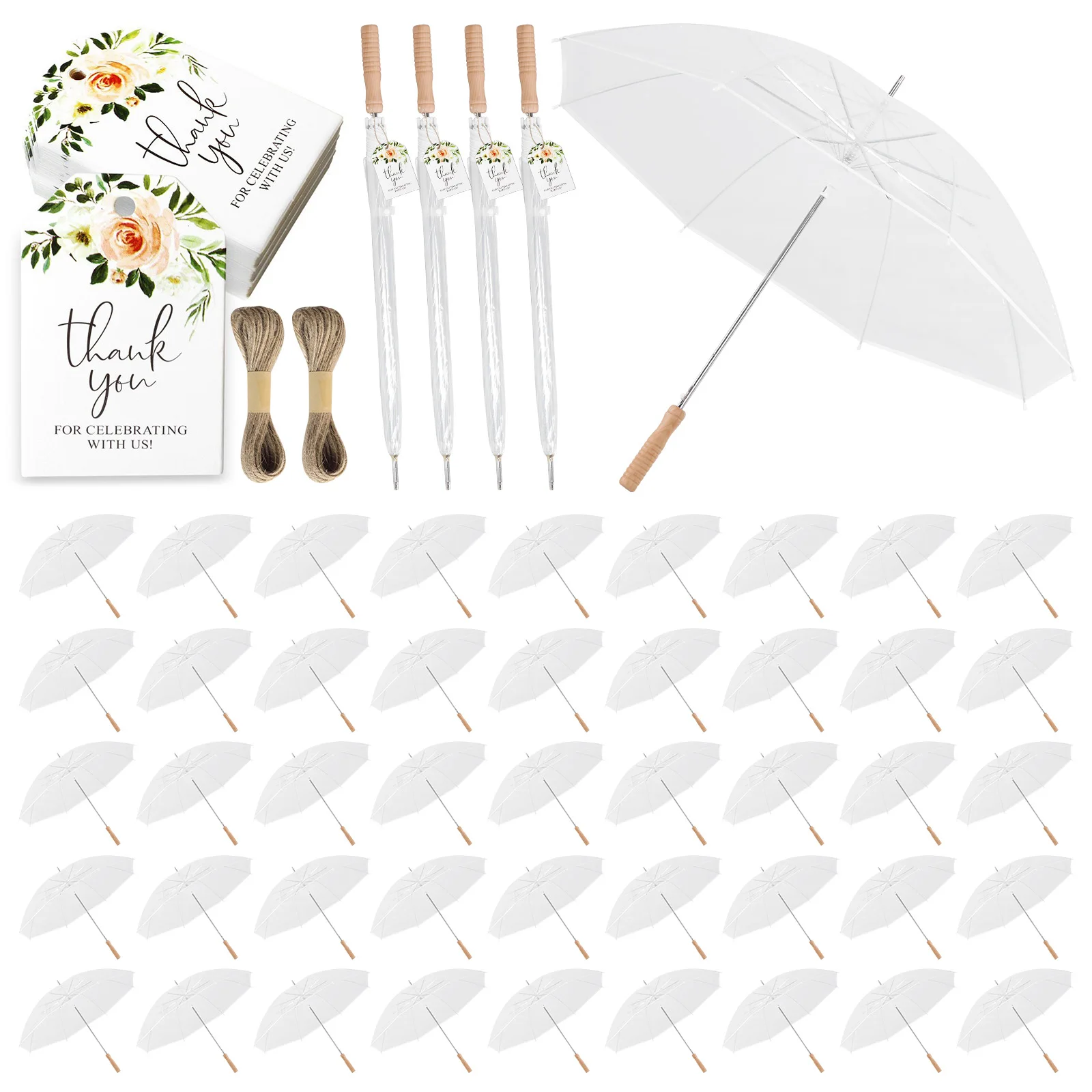 

Набор из 50 прозрачных ветрозащитных и водонепроницаемых зонтов для свадьбы с деревянной ручкой, бирками «Спасибо» и веревкой