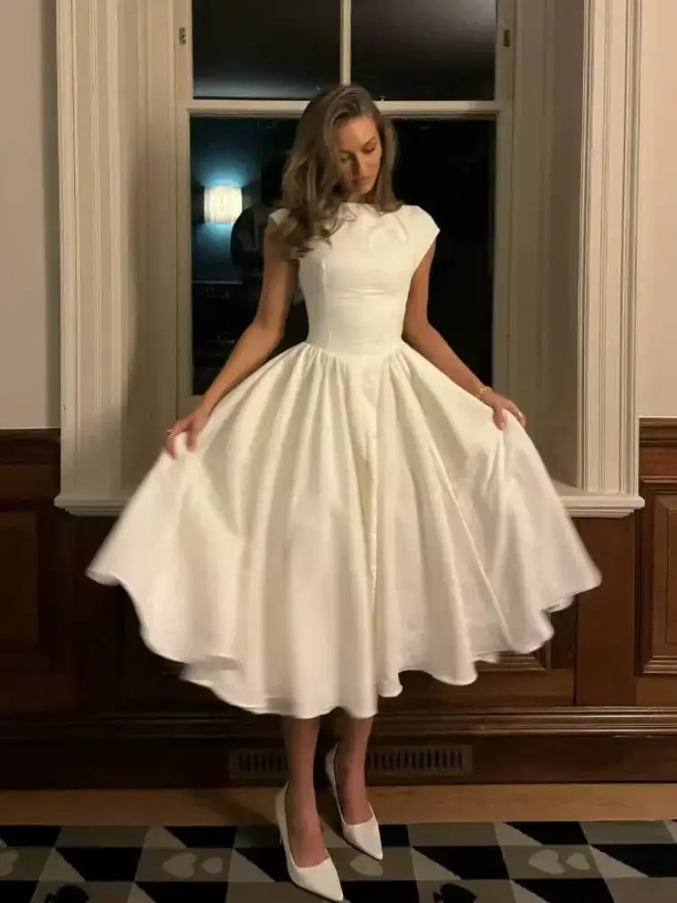 

Elegant Lady White High Waisted A Line Long Dresses Sexy O Neck Backless Sleeveless Robes Chic Women Evening Party Gowns