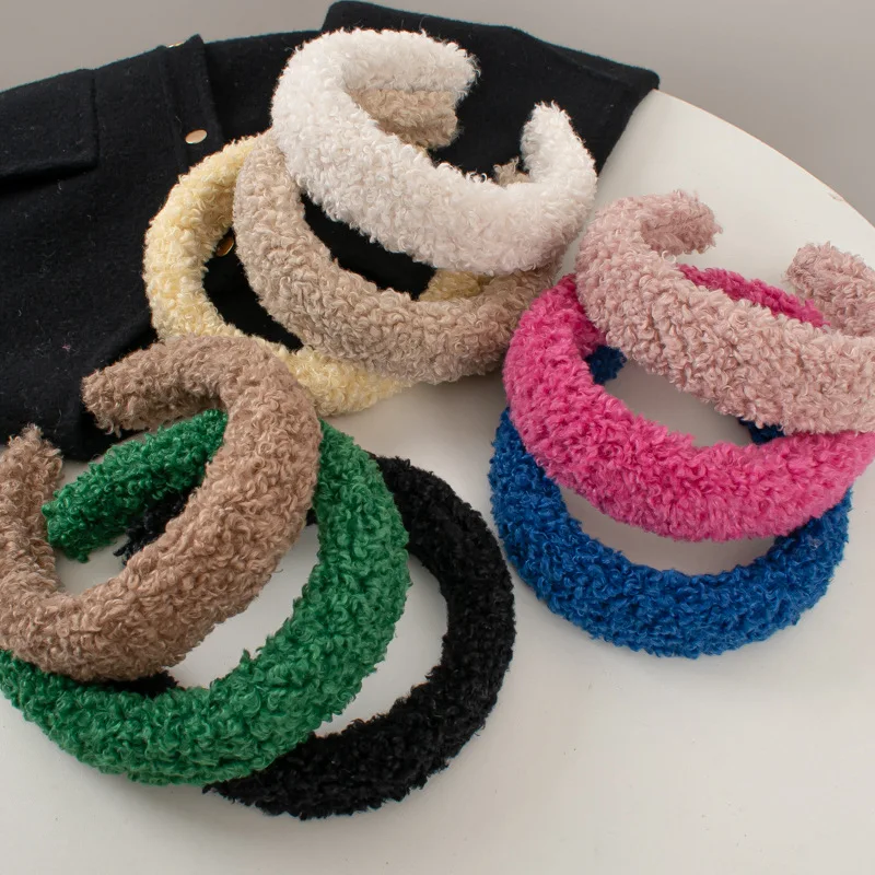 Fashion Warm Lamb Wool Hairbands 4cm Wide Solid Color Headband Women Plain Fluffy Hair Hoop Korean Style Winter Hair Accessories