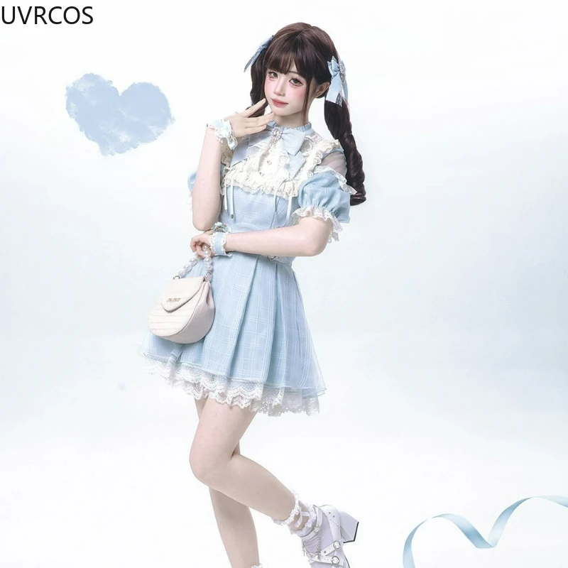 Japanese Sweet Lolita Bow Dress Shorts Set Women Kawaii Lace Ruffles Off Shoulder Plaid Shirts Dress Gothic Y2k Slim Party Dress