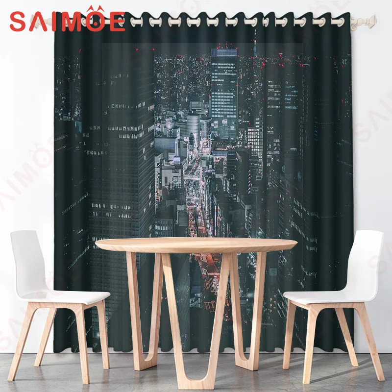 Modern City Light Curtains Night View Sunset Building River Custom Thin Polyester Fabric Office Background Decoration with Hooks