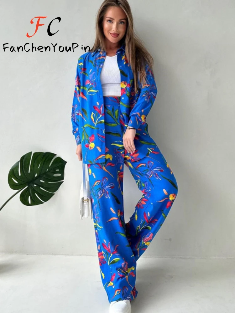 2024 Spring Summer Fashion Women's Pant Set Elegant Printed Over Size Shirt Top Casual Loose Wide Leg Pants 2-piece Set Female