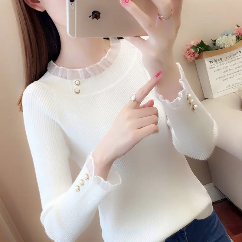 Stylish Knitted Spliced Lace Beading Ruffles Sweater Women Clothing 2022 Autumn New Oversized Casual Pullovers Sweet Tops