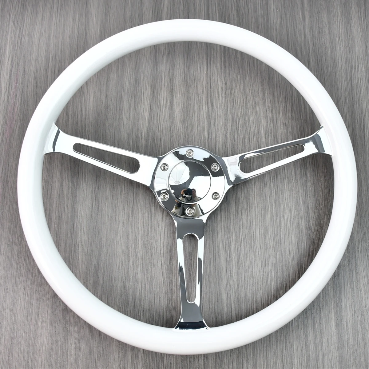 

Universal 15" White Retro Neo Chrome 3 Spoke 380mm Wooded Steering Wheel