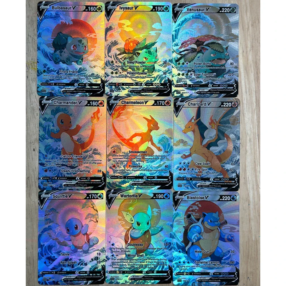 9Pcs/set DIY Anime PTCG Collection Card English Charizard Charmeleon Ivysaur Venusaur Squirtle Refractive Flash Cards Child Gift view 4