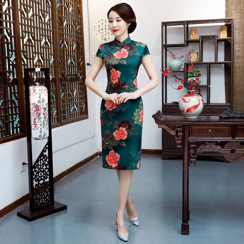 

Women Plus Size Elegant Lined Qipao Slim Short Sleeve Dress New Traditional Chinese Mandarin Collar Short Cheongsam