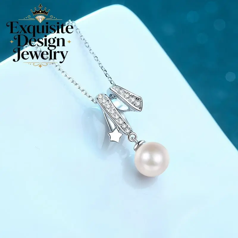 Exquisite Platinum PT950 Dazzling Geometric Twisted Cross Moissanite Chain, 8mm Freshwater Pearl Diamond Pendant Necklace
