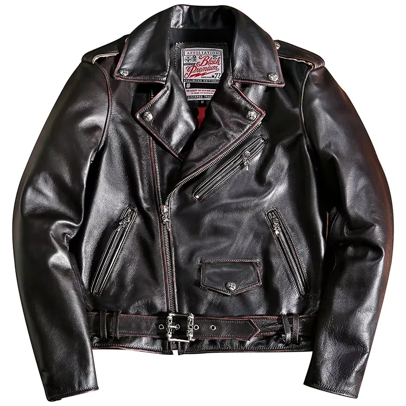 Black Autumn Leather Jacket Men Vintage Style Plus Size 3XL Genuine Natural Cowhide Turn-Down Collar Diagonal Zipper Coat