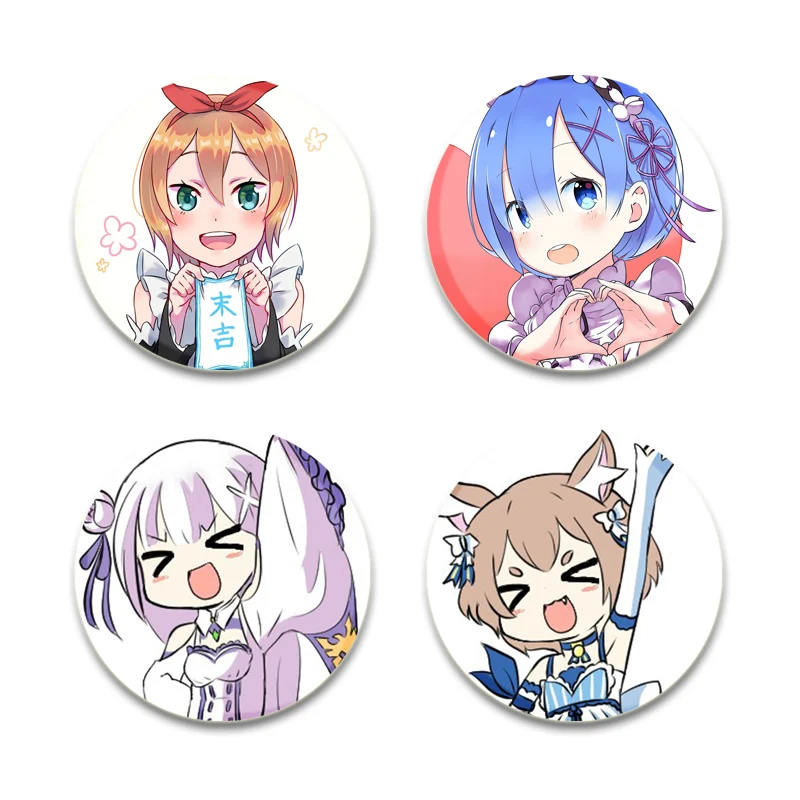 Rem Ram Emilia Kara Hajimeru Isekai Seikatsu Beatrice Natsuki Subaru Brooches Anime Pins Round Cartoon Badge Decoration Gifts