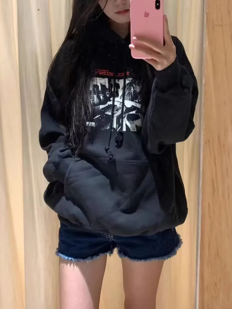 Casual Women Black Graphic Sweatshirts 2023 Fall Fashion Ladies Guitar Boy Printed Long Sleeves Hoodies Female Loose Pullovers