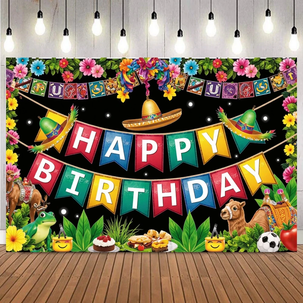 Mexican Carnival Theme Photo Background Cactus Guitar Colorful Flag Straw Hat Skeleton Birthday Party Decor Photography Backdrop