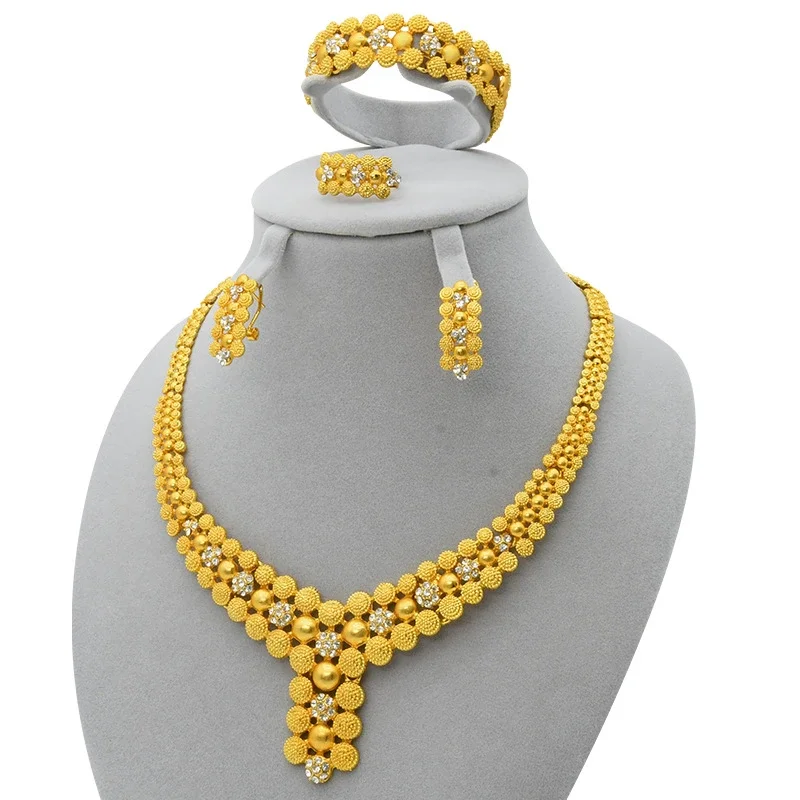 Luxury 24K Gold Plated Jewelry Set for Women Bridal Wedding Accessories Nigeria Dubai Jewelry Vacuum Plating Sets Wholesale