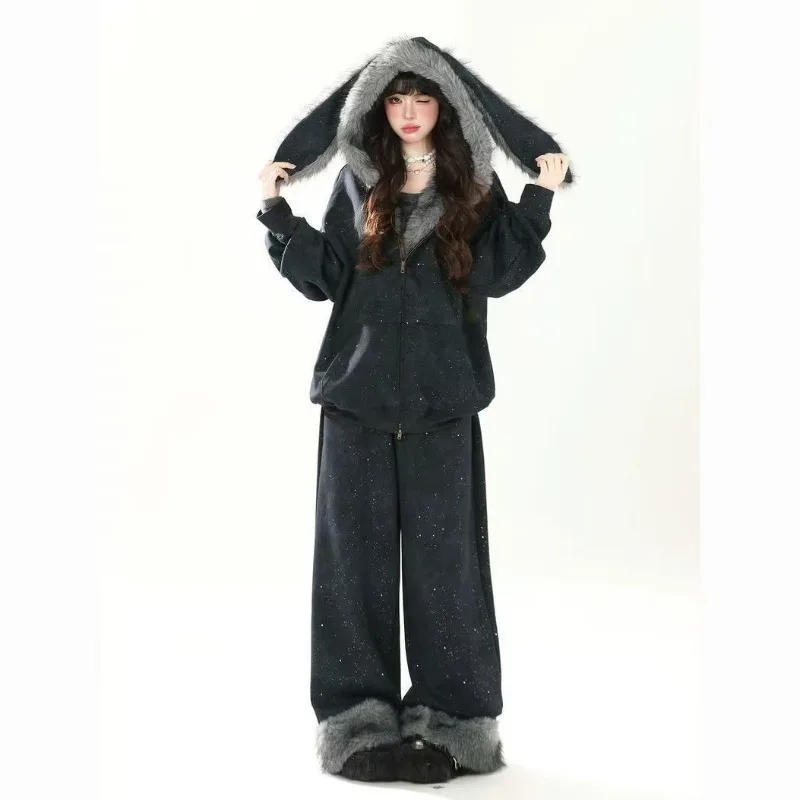 

American creative Harajuku rabbit ear plush hat Women set Y2K new high street fashion hip-hop casual top hoodie trendy Goth coat
