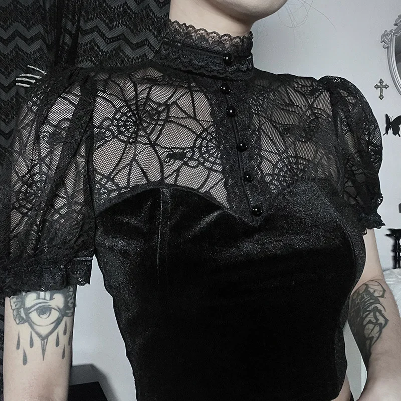 ISAROSE Gothic Lace Tops for Women Summer Sheer Spider Web Mesh Puff Sleeves Turtleneck Stretch Black Velvet Cropped T-shirt