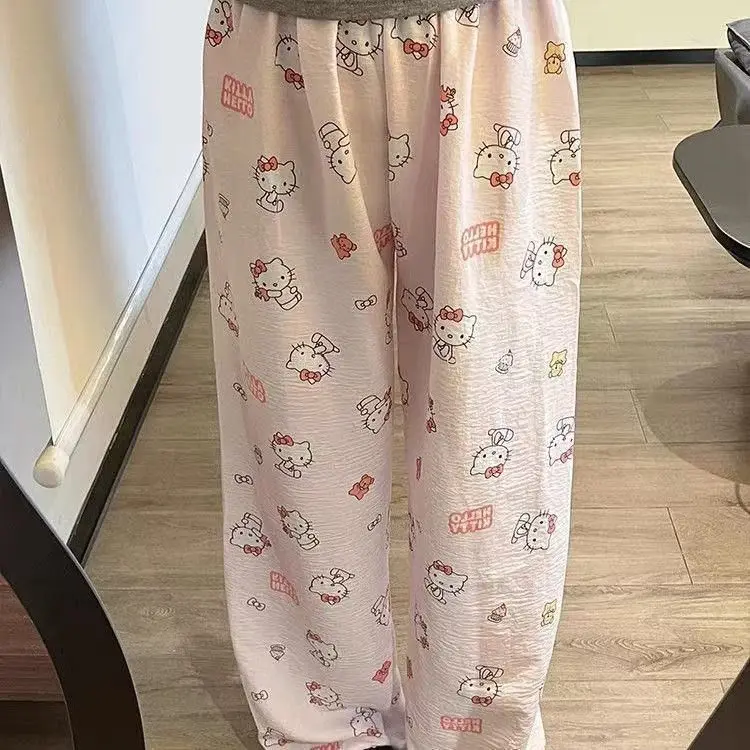 Kawaii Women's Hello Kittys Pajamas Pants Cute Loose Wide Leg Pants Spring Autumn Girl High Waist Casual Trousers Thin Home Pant