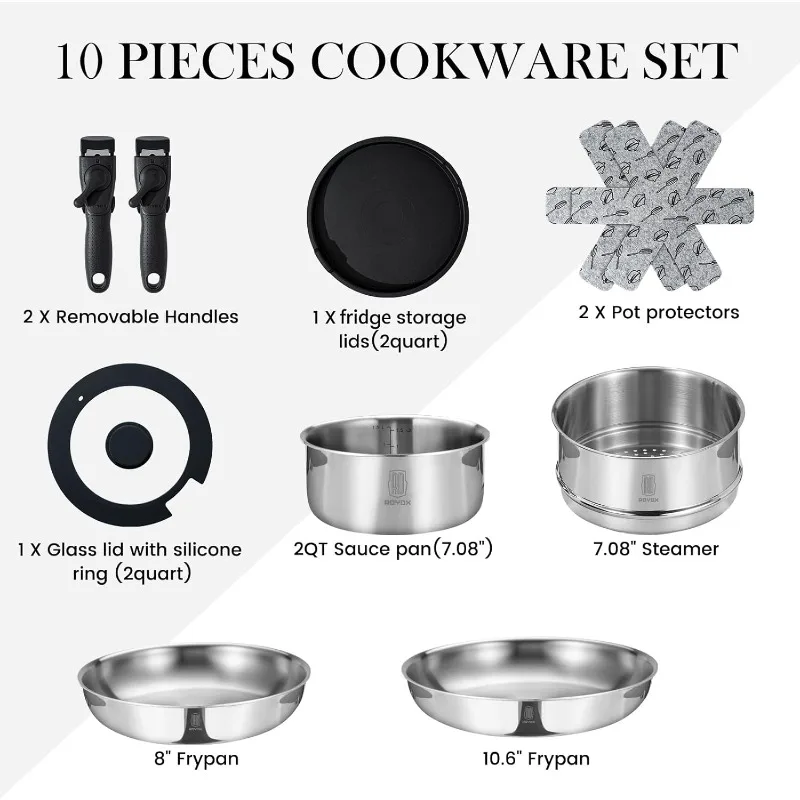 3-Ply Pots and Pans Set, 18/10 PFOA Free Stainless Steel Kitchen Removable Handle Cookware Set, Frying Saucepans with Lid