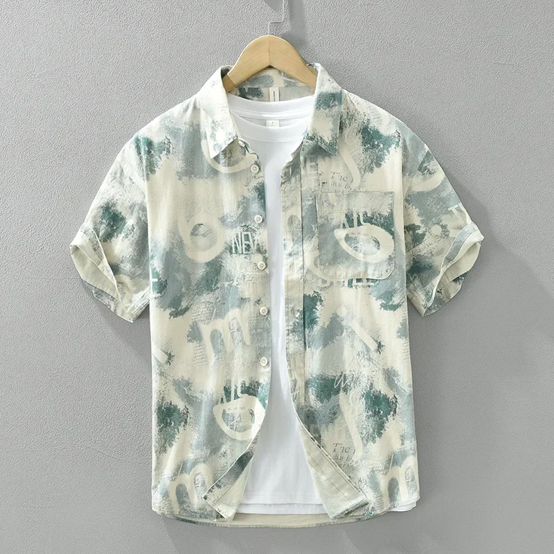 

Men's Fashion Loose Print Japanese Style Short-Sleeved Shirt 100% Cotton Casual Shirt for Man Camisas Men Shirts TS-774