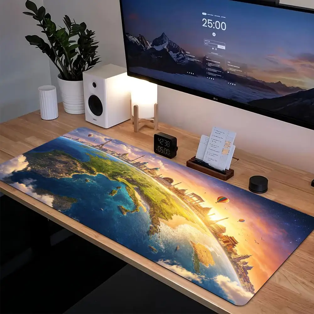 Large Mouse Pad World Map Earth City Print Stitched Edge Anti‑Slip Rubber Desk Mat for Gaming Working Home Office Laptop Use