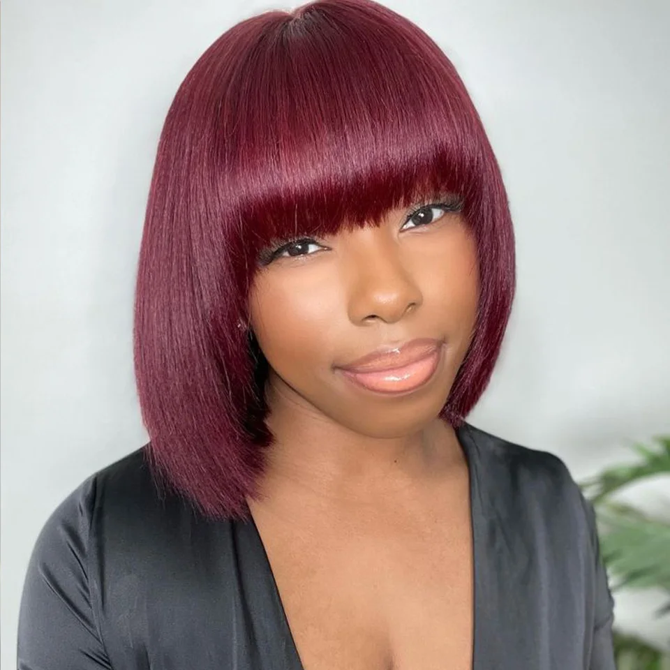 

Trueme Burgundy Bone Straight Bob Wig With Bangs Brazilian Human Hair Wigs For Woman Short Bob Highlight Brown Human Hair Wig