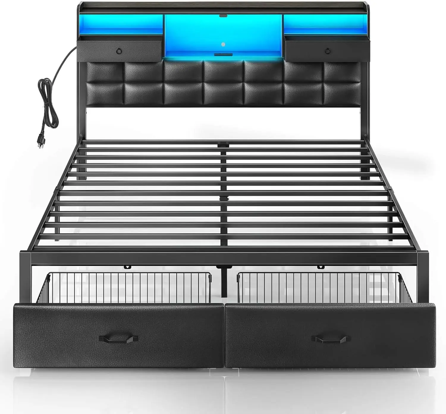 Extra large bed frame with drawers and charging station, cushioned platform bed, no need for box springs, no noise, black