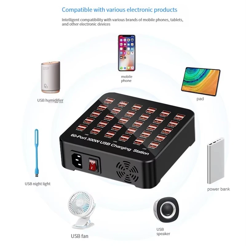

Smart 60 Ports USB Hub Charging Station Power Outlet Multi Port Speed Dock Charger For Hotels Shops Schools Shopping Mall Travel