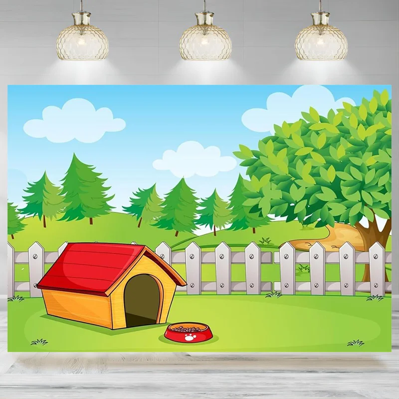 Cartoon Dog House Backdrop Garden Wooden Pet House Red Roof Green Meadow Photography Background Pet Birthday Party Decoration